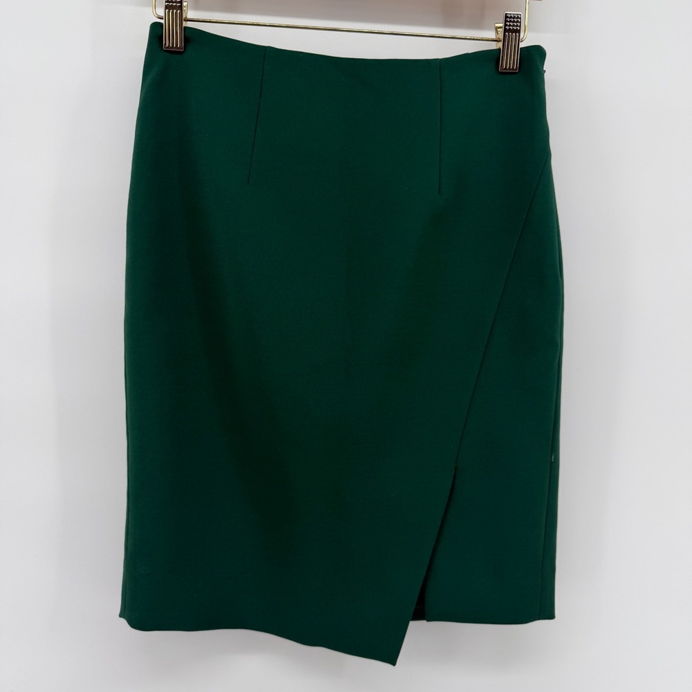White House Black Market Hunter Green Faux Wrap Pencil Skirt Size 2 Side Slit